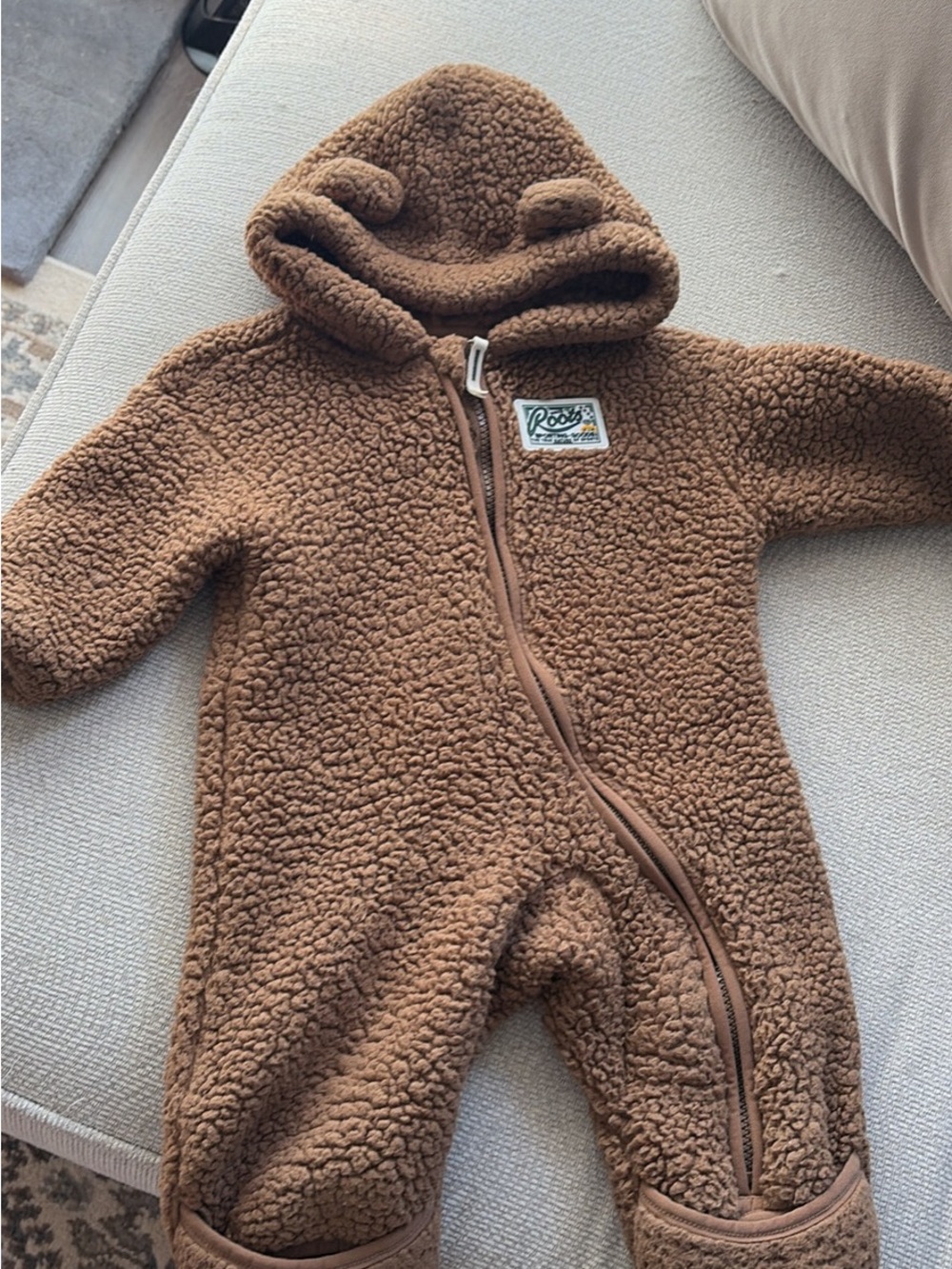 Roots Brown Sherpa Hooded Baby One-Piece